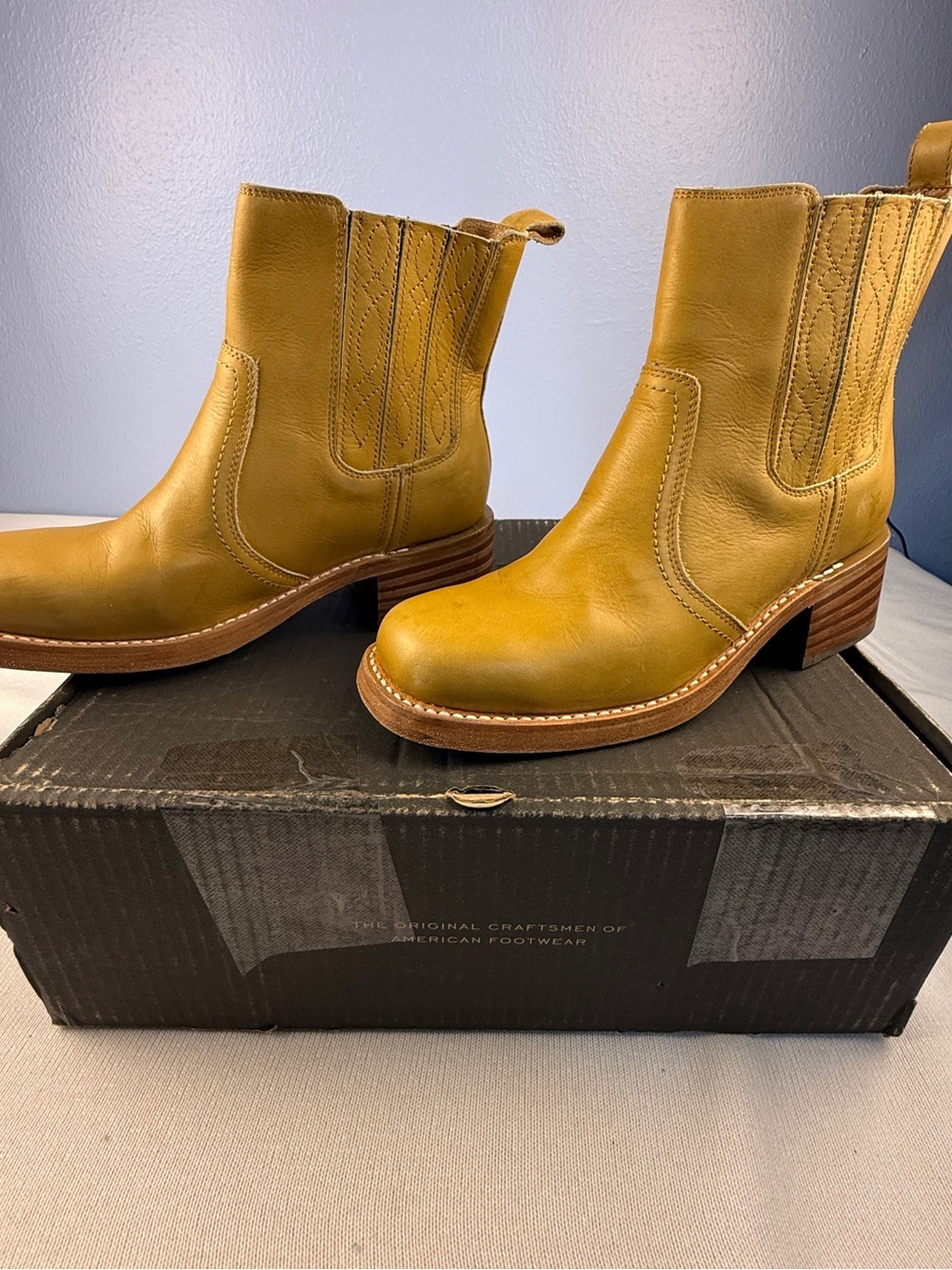 Frye Mustard Leather Western Chelsea Booties with Stacked Heel - Picture 2 of 16